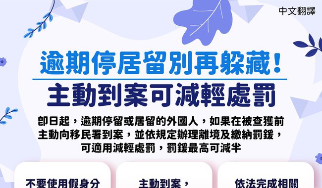 逾期停居留別再躲藏！主動到案可減輕處罰 海報