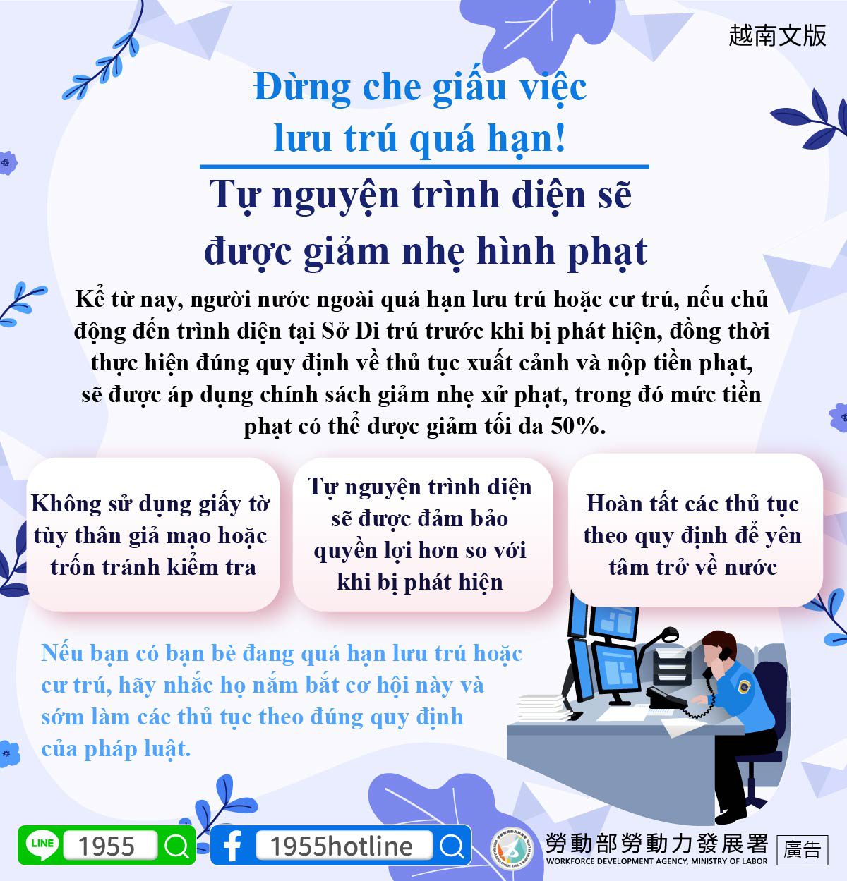 逾期停居留別再躲藏！主動到案可減輕處罰（越南文版）